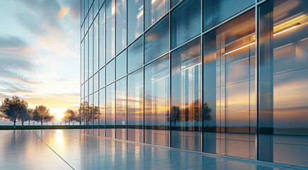 Poster - A modern building with facade glazing. The building should feature large glass panels with aluminum frames, showcasing the sleek and elegant design of facade glazing systems. Generative AI.
