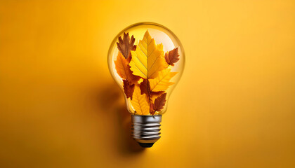 Poster -  Light Bulb with Autumn Leaves Inside on a Yellow Background, Creative Nature Concept- A lig_1(242)