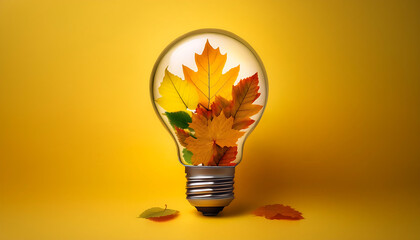 Poster -  Light Bulb with Autumn Leaves Inside on a Yellow Background, Creative Nature Concept- A lig_1(241)