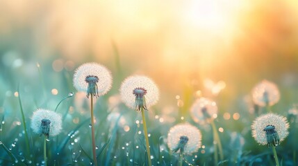 Dewy Dandelions in a Meadow at Sunset