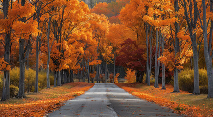 Wall Mural - Autumn trees lining driveway, Bright color. Generative AI.