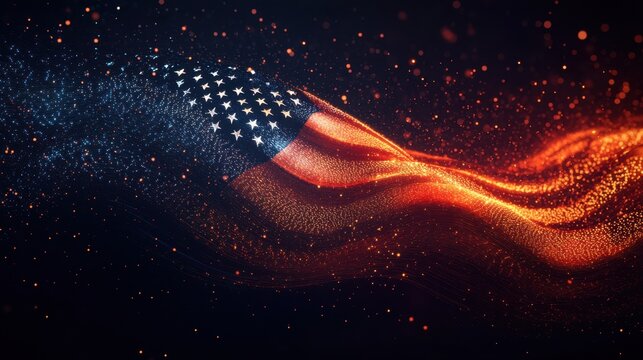 Vibrant digital particles form the American flag on a dark backdrop, with radiant waves symbolizing unity and remembrance on Memorial Day. Patriotic digital art.