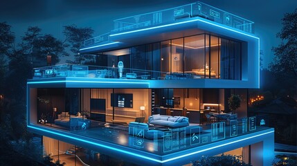 Fototapete - A modern home with multiple connected devices, such as an AI-powered security system and smart lighting, depicted in blue digital lines on top of the house, symbolizing energy performance.