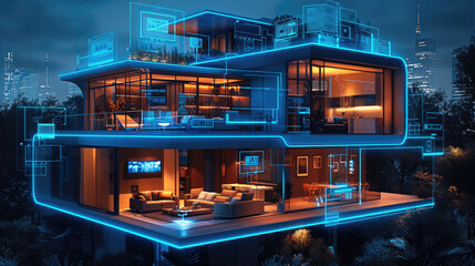 Fototapete - A modern home with multiple connected devices, such as an AI-powered security system and smart lighting, depicted in blue digital lines on top of the house, symbolizing energy performance.