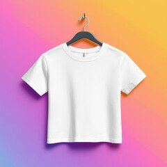 White kids' T-shirt on a hanger with a rainbow gradient background, Kids T-Shirt Mockup, Colorful and lively design