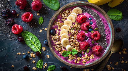 Wall Mural - A flat lay of a vibrant smoothie bowl with blended berries, banana, and spinach, topped with granola, chia seeds, and coconut flakes, served in a ceramic bowl.