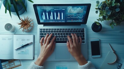 Fototapete - Hands typing on a laptop with financial graphs displayed, surrounded by other office equipment and documents. the screen displaying various charts and data points, top view. Generative AI.