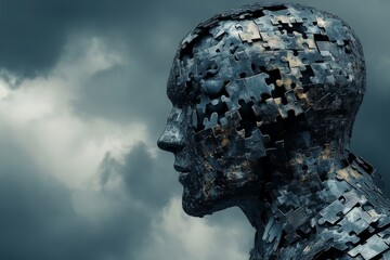 Sticker - CBT Behavioral genetics Stone sculpture of a fragmented human head in a cloudy environment symbolizing the complexity of thought memory and the challenges of mental health