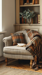 Wall Mural - A cozy, plaid-patterned armchair in warm earth tones, positioned against a light cream wall with a single wooden shelf holding vintage books, creating a comfortable reading nook.