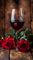 A serene composition of a glass of red wine with a heart-shaped wine charm, placed beside a small bouquet of red roses on a rustic wooden table.