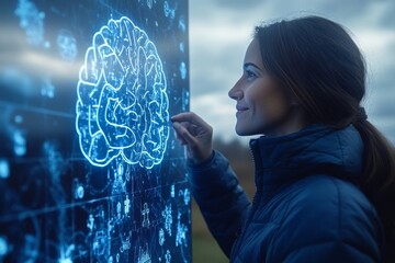 Mind body connection Behavioral genetics Woman analyzing a digital brain model symbolizing intersection of technology and neuroscience and the pursuit of cognitive understanding in a modern world