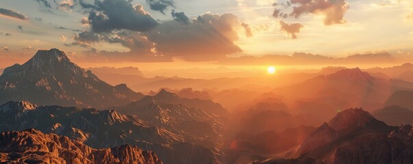 Sunset casting a warm glow over rugged mountains, 4K hyperrealistic photo