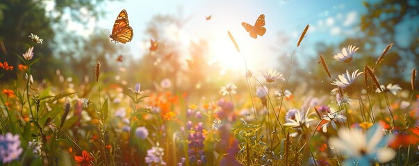 Wall Mural - Sunlit meadow with wildflowers and butterflies, 4K hyperrealistic photo