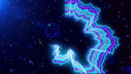 Wall Mural - Motion view of Belgium map outlined with neon lines, dynamically glowing on a futuristic grid background with colorful, abstract HUD squares creating a digital 3D effect.