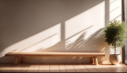 Aufkleber -  Sunlit Wooden Bench in Modern Indoor Space, Minimalist Design- A simple wooden bench ba_1(351)