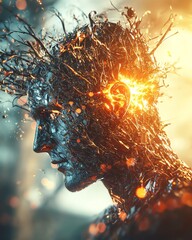 Canvas Print - Abstract Digital Art Man with Fiery Effects in Futuristic Sci-Fi Concept