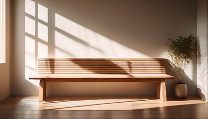 Aufkleber -  Sunlit Wooden Bench in Modern Indoor Space, Minimalist Design- A simple wooden bench bathed_1(350)