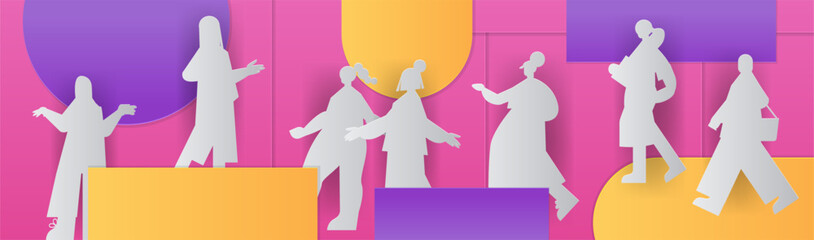 Silhouettes of people various activities colorful abstract background paper cut style