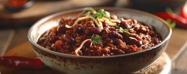 Wall Mural - Spicy chili con carne in bowl, 4K hyperrealistic photo