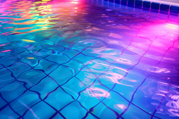 Wall Mural - Swimming pool with rippling motion texture swirls toned in multicolored neon rainbow spectrum. Creative trendy fashionable style. Background for summer vacation backdrop for design template


