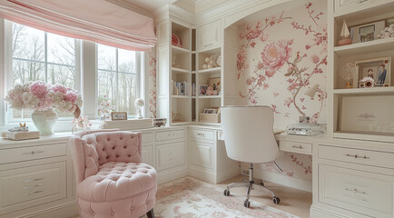 Aufkleber - Luxurious cream and pink colored home office, floral details. Generative AI.