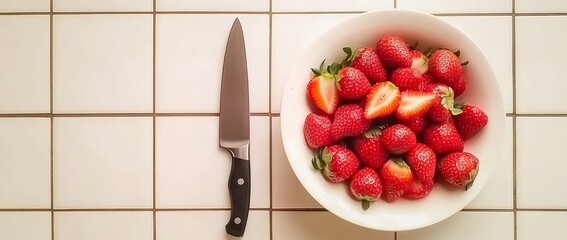 An image of a colander and plate with fresh strawberries on a background of white tiles