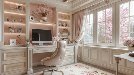 Poster - Luxurious cream and pink colored home office, floral details. Generative AI.