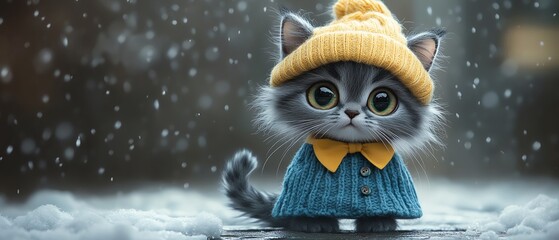 adorable fluffy gray cat with striped ears and one tail, wearing a blue dress and yellow hat, whimsical and cute