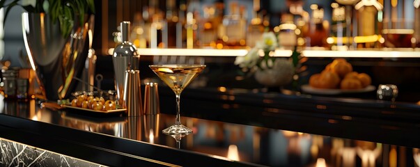 Sophisticated cocktail hour with a sleek martini bar and passed hors d'oeuvres, 4K hyperrealistic photo