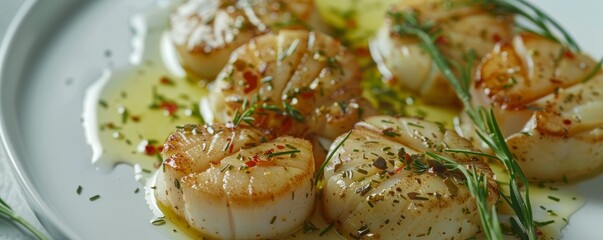 Wall Mural - Pan-seared scallops with garlic butter, 4K hyperrealistic photo