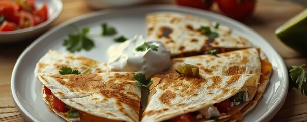 Wall Mural - Chicken quesadilla with salsa and sour cream, 4K hyperrealistic photo