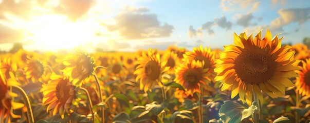 Wall Mural - Sunflower field under a bright summer sky, 4K hyperrealistic photo