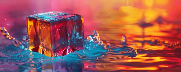 Wall Mural - Rippled liquid 3D cube with dynamic hues, 4K hyperrealistic photo