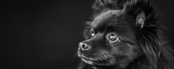 Wall Mural - Black and white portrait of a Keeshond dog, capturing its alert expression.