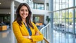 © kevin - Confident and Radiant Businesswoman: Successful Entrepreneur Smiling in Corporate Office. Embodying Professional Excellence, Cultural Diversity, Businesswoman smiling cheerfully in an office lobby