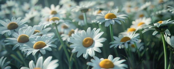 Wall Mural - Delicate daisies with white petals and yellow centers, 4K hyperrealistic photo