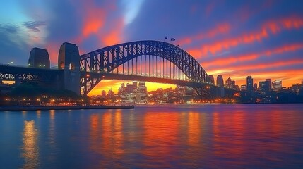 Wall Mural - 87. **Render the Sydney Harbour Bridge during a vibrant sunset with the city lights starting to glow in the background.**