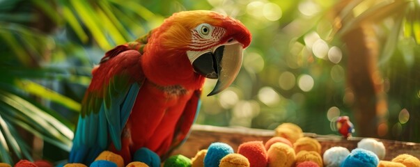 Charming parrot playing with colorful toys, 4K hyperrealistic photo