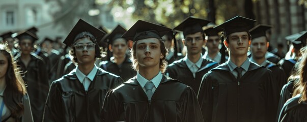 Group of graduates marching in a procession, 4K hyperrealistic photo