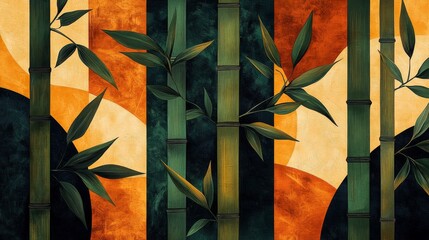 Abstract Painting of Green Bamboo Shoots Against a Warm, Textured Background