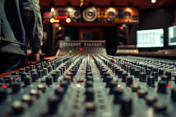 Professional Audio Engineer Adjusting Soundboard in Modern Recording Studio