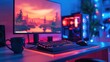 © visoot - A gaming setup with a keyboard, mouse and computer monitor in the background. There is a cup on the desk next to it. The lighting has blue, purple and red neon lights. Generative AI.
