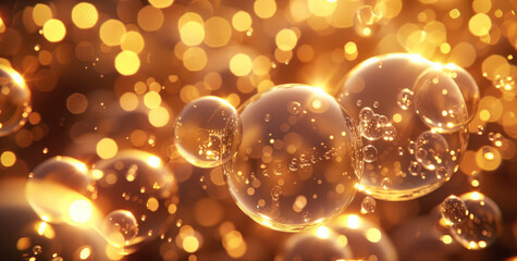 Poster - The brilliant golden light effect shines on countless shiny transparent light spheres, making the transparent light spheres show a golden luster. Generative AI.