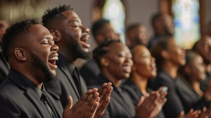 A group of people are singing in a church