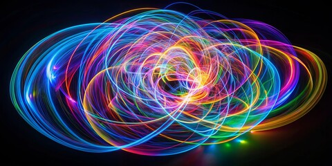 Photo image of psychedelic swirling patterns created by intersecting lines of light on a black background.