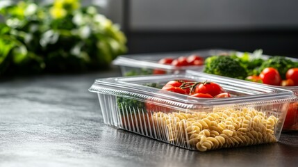 Healthy ingredients, fresh pasta, and vibrant vegetables arranged in colorful meal prep containers.