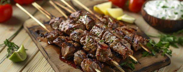 Flavor-packed beef kebabs with tzatziki, 4K hyperrealistic photo