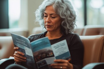 A middle-aged woman reading health brochures in a waiting room, with a look of determination on her face, representing informed healthcare choices.