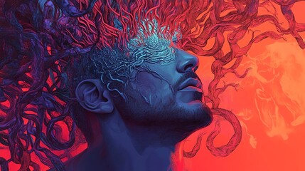 Wall Mural - Abstract Portrait of a Man with Surreal Hair in Blue and Red Tones