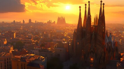 77. **Render the Sagrada Familia with its ornate facades illuminated by the golden light of sunset and the city skyline in the background.**